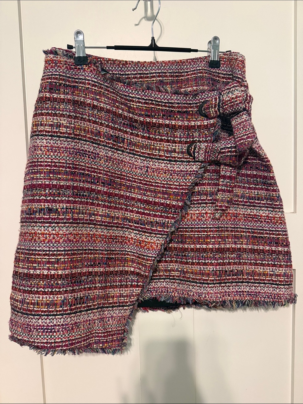 Halogen Pink and Red Multi-Textured Tweed Faux Wrap Mini Skirt with Side Ties